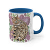 Cute Bengal Cat Watercolor Pink Roses Accent Coffee Mug 11Oz