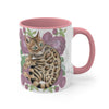 Cute Bengal Cat Watercolor Pink Roses Accent Coffee Mug 11Oz