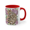 Cute Bengal Cat Watercolor Pink Roses Accent Coffee Mug 11Oz