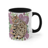 Cute Bengal Cat Watercolor Pink Roses Accent Coffee Mug 11Oz