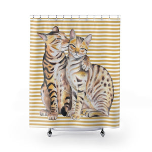 Cute Bengal Cats Beige Pinstripe Shower Curtain 71X74 Home Decor