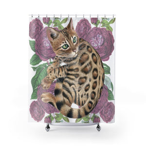 Cute Bengal Kitten Cat Watercolor Art Roses Shower Curtain 71 × 74 Home Decor