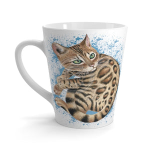 Cute Bengal Kitten Cat Watercolor Art White Blue Splash Latte Mug 12Oz Mug