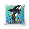 Cute Orca Whale Doodle Teal Blue Ink Art Square Pillow 14X14 Home Decor