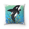 Cute Orca Whale Doodle Teal Blue Ink Art Square Pillow Home Decor