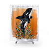 Cute Orca Whale Doodles Orange Shower Curtain 71X74 Home Decor