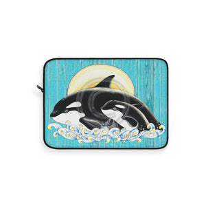 Cute Orca Whales Teal Sun Ink Art Laptop Sleeve 15