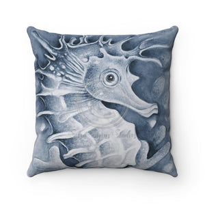 Cute Seahorse Monochrome Blue Watercolor Square Pillow 14 × Home Decor