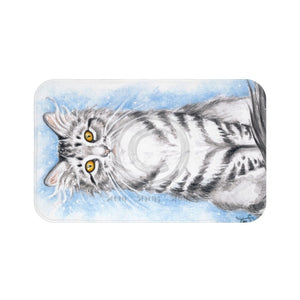 Cute Silver Tabby Cat Snow Watercolor Art Bath Mat 34 × 21 Home Decor