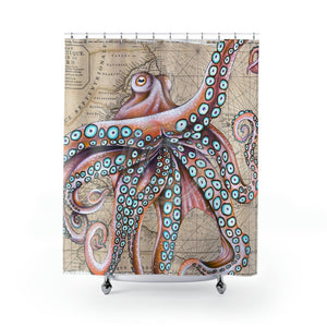 Dancing Octopus Vintage Map Nautical Art Shower Curtain 71 × 74 Home Decor