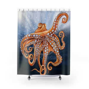Dancing Octopus With Bubbles Blue Art Shower Curtain 71 × 74 Home Decor