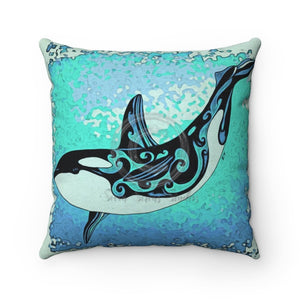 Dancing Orca Whale Tribal Teal Ink Square Pillow 14X14 Home Decor