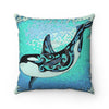 Dancing Orca Whale Tribal Teal Ink Square Pillow Home Decor
