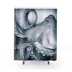 Dark Blue Tone Octopus Watercolor Shower Curtain 71 × 74 Home Decor
