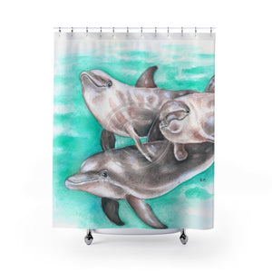 Dolphins Family Pod Teal Watercolor Art Shower Curtain 71 × 74 Home Decor