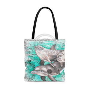 Dolphins Family Teal Vintage Map Tote Bag Large Bags