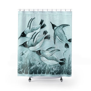 Emperors Penguins Swimming Underwater Teal Watercolor Shower Curtain 71 X 74 Home Decor