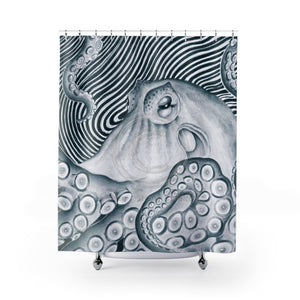 Funky Octopus Watercolor Bluish Ink Shower Curtain 71 × 74 Home Decor