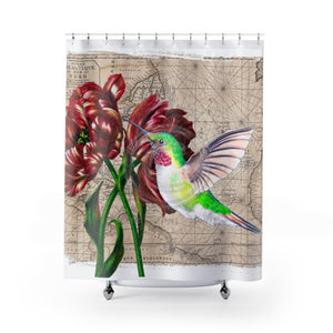 Green Hummingbird Tulips Watercolor Art Shower Curtain 71X74 Home Decor