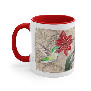 Green Hummingbird Vintage Map Red Amaryllis Floral On White Art Accent Coffee Mug 11Oz /
