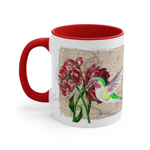 Green Hummingbird Vintage Map Red Tulip Floral On White Art Accent Coffee Mug 11Oz /
