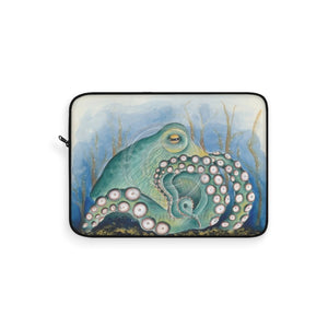 Green Octopus Coral Treasure Gold Watercolor Art Laptop Sleeve 15