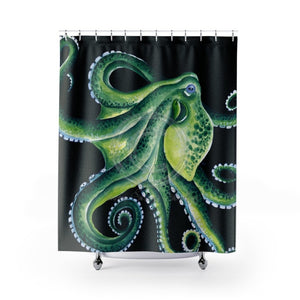 Green Octopus On Black Watercolor Shower Curtain 71 × 74 Home Decor