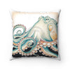 Green Octopus Tentacles Brushed Vintage Ink Art White Square Pillow Home Decor