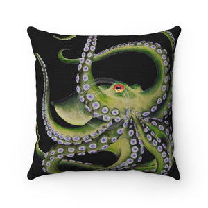 Green Octopus Tentacles On Black Ink Art Square Pillow 14X14 Home Decor
