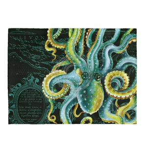 Green Octopus Tentacles Vintage Map Chic Watercolor Art Velveteen Plush Blanket 60 × 80 All Over