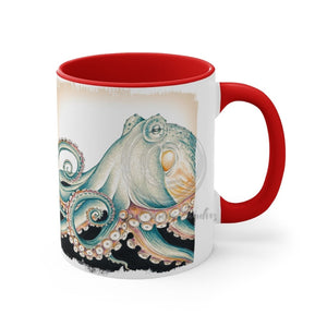 Green Octopus Vintage Brushed Edge Accent Coffee Mug 11Oz Red /