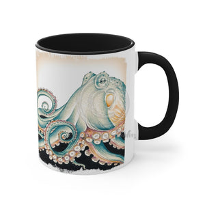 Green Octopus Vintage Brushed On White Art Accent Coffee Mug 11Oz Black /