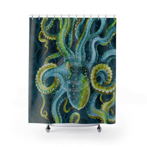Green Octopus Vintage Flowers Bluish Art Shower Curtain 71 × 74 Home Decor