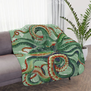 Green Octopus Vintage Map Watercolor Arttan Sherpa Blanket 60 × 50 Home Decor