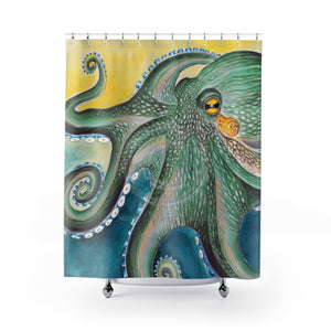 Green Octopus Watercolor Art Shower Curtain 71 × 74 Home Decor