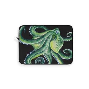 Green Octopus Watercolor On Black Art Laptop Sleeve 15