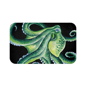 Green Octopus Watercolor On Black Bath Mat 34 × 21 Home Decor