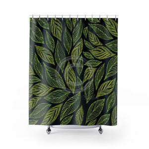 Green On Black Floral Ink Shower Curtain 71X74 Home Decor
