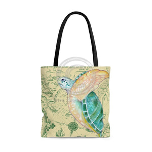 Green Sea Turtle Vintage Map Beige Tote Bag Large Bags
