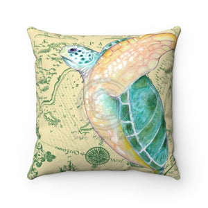 Green Sea Turtle Vintage Map Beige Watercolor Square Pillow 14X14 Home Decor