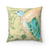 Green Sea Turtle Vintage Map Beige Watercolor Square Pillow Home Decor