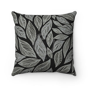 Grey Leaves Pattern Black Square Pillow 14X14 Home Decor