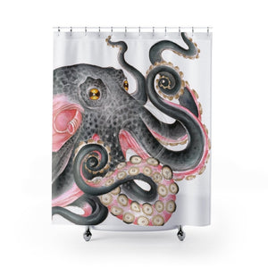 Grey Salmon Pink Octopus Kraken Watercolor Art Shower Curtain 71 × 74 Home Decor