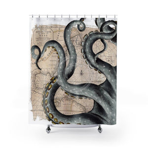 Grey Tentacles Ink Vintage Map Shower Curtain 71X74 Home Decor