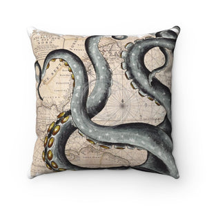 Grey Tentacles Vintage Map Square Pillow 14X14 Home Decor