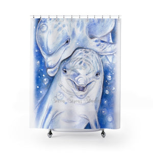 Happy Cute Dolphins Blue Watercolor Art Shower Curtain 71 × 74 Home Decor
