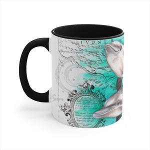 Happy Dolphin Pod Vintage Map Teal Art Accent Coffee Mug 11Oz Black /