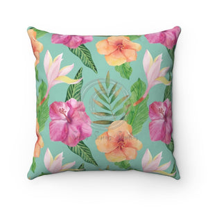 Hibiscus Exotic Teal Watercolor Ii Square Pillow 14X14 Home Decor