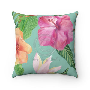 Hibiscus Exotic Teal Watercolor Square Pillow 14X14 Home Decor