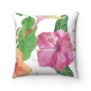 Hibiscus Exotic White Watercolor Square Pillow 14X14 Home Decor